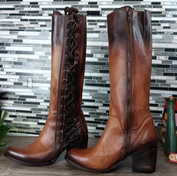 Freebird Wyatt 8M Cognac Brown Leather Knee-High Lace Up Granny Boots Rare New - Picture 8 of 16